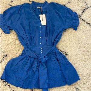 Blue Puff Sleeve Mandarin Collar Sundress